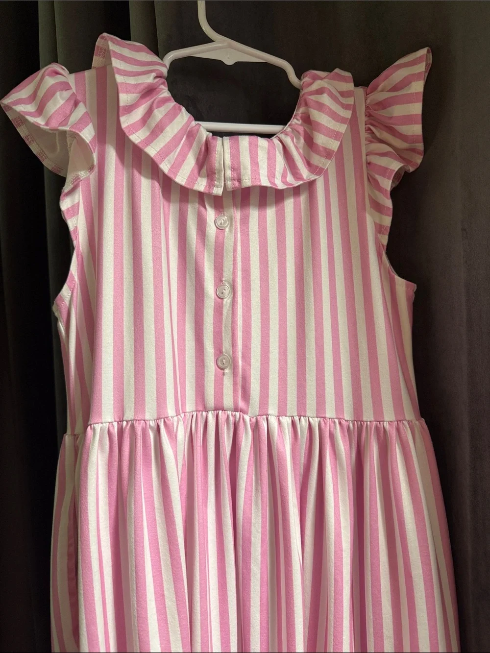 Girls' Pink Stripe Ruffle Neck Casual Dress